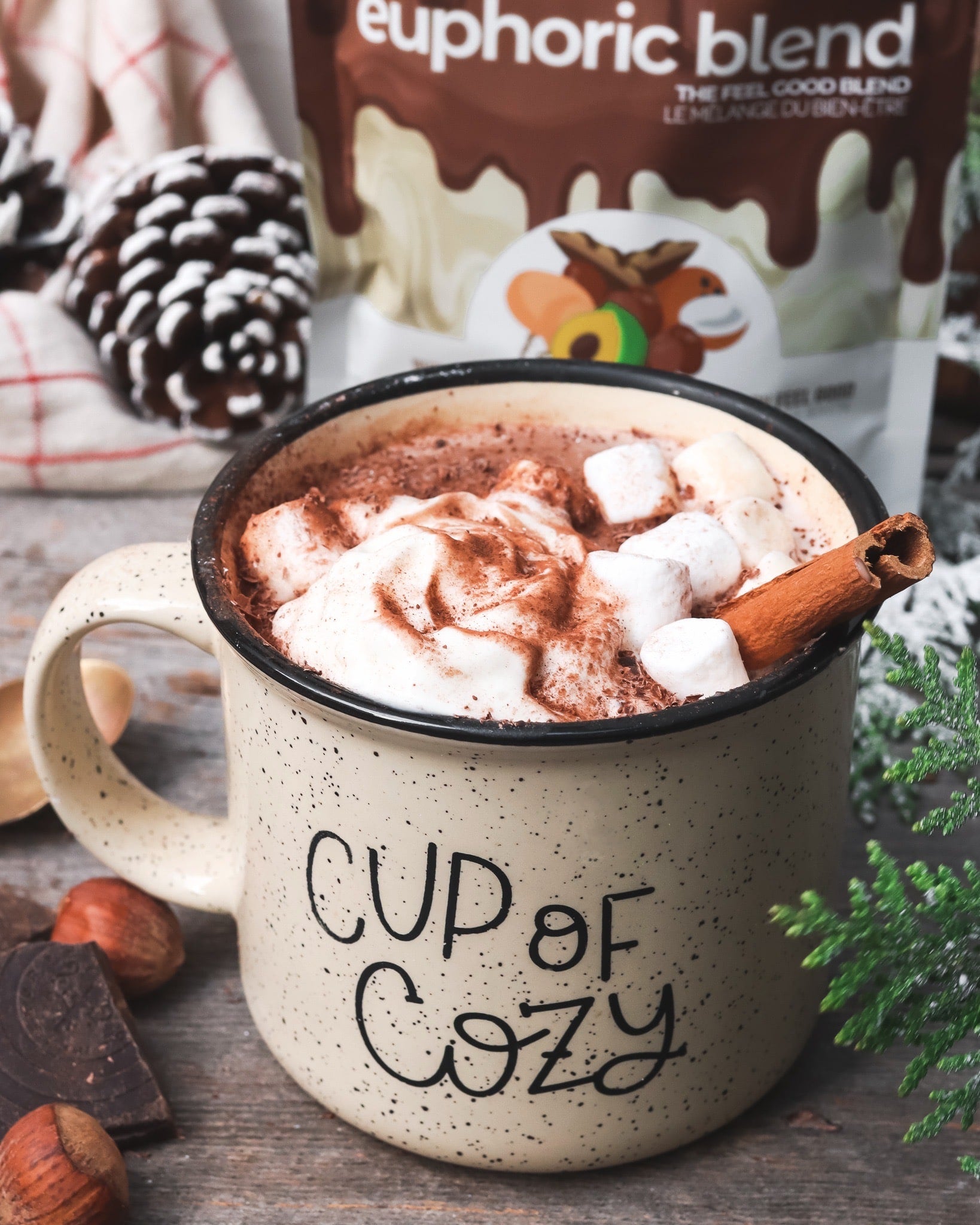 We looked far and hard to find the perfect cup to put this delicious drink in. And there's none better to describe it- a cup of cozy!