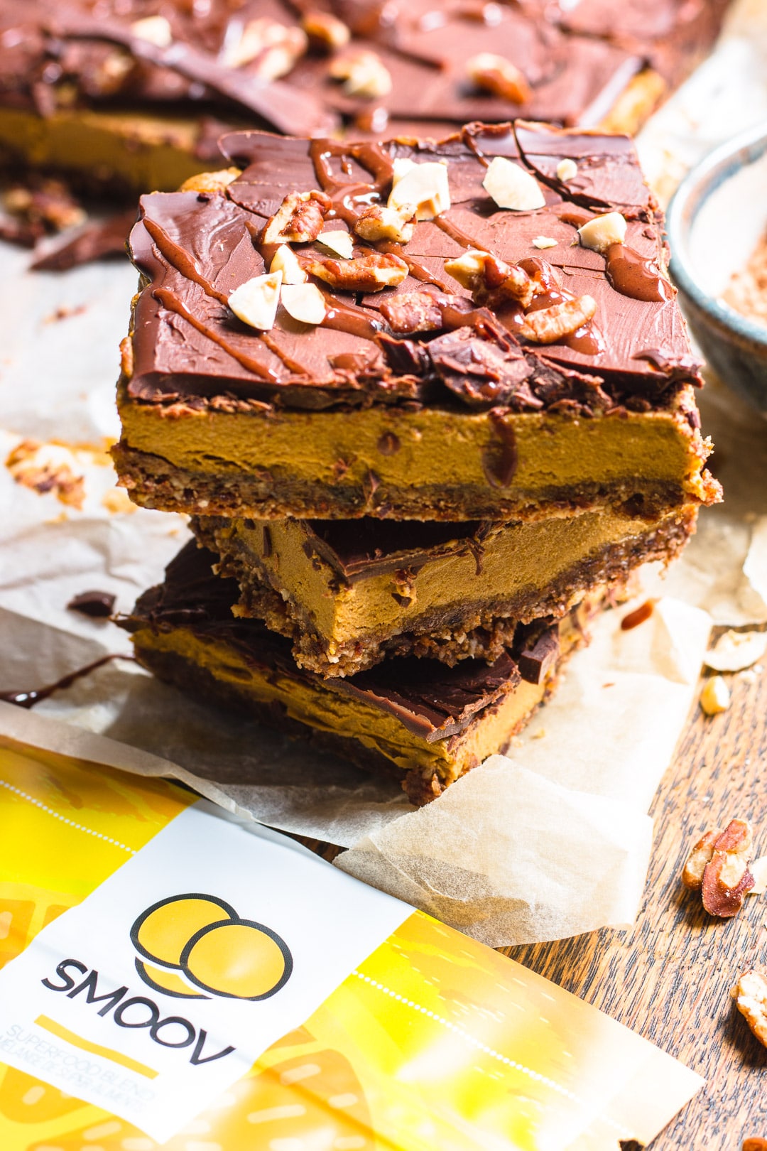 This no bake pumpkin bar dessert is perfect for the holidays if you want something a little more exotic instead of the usual pumpkin pie. And it's no ordinary dessert, it's made with our golden, fuel and euphoric superfood blends!