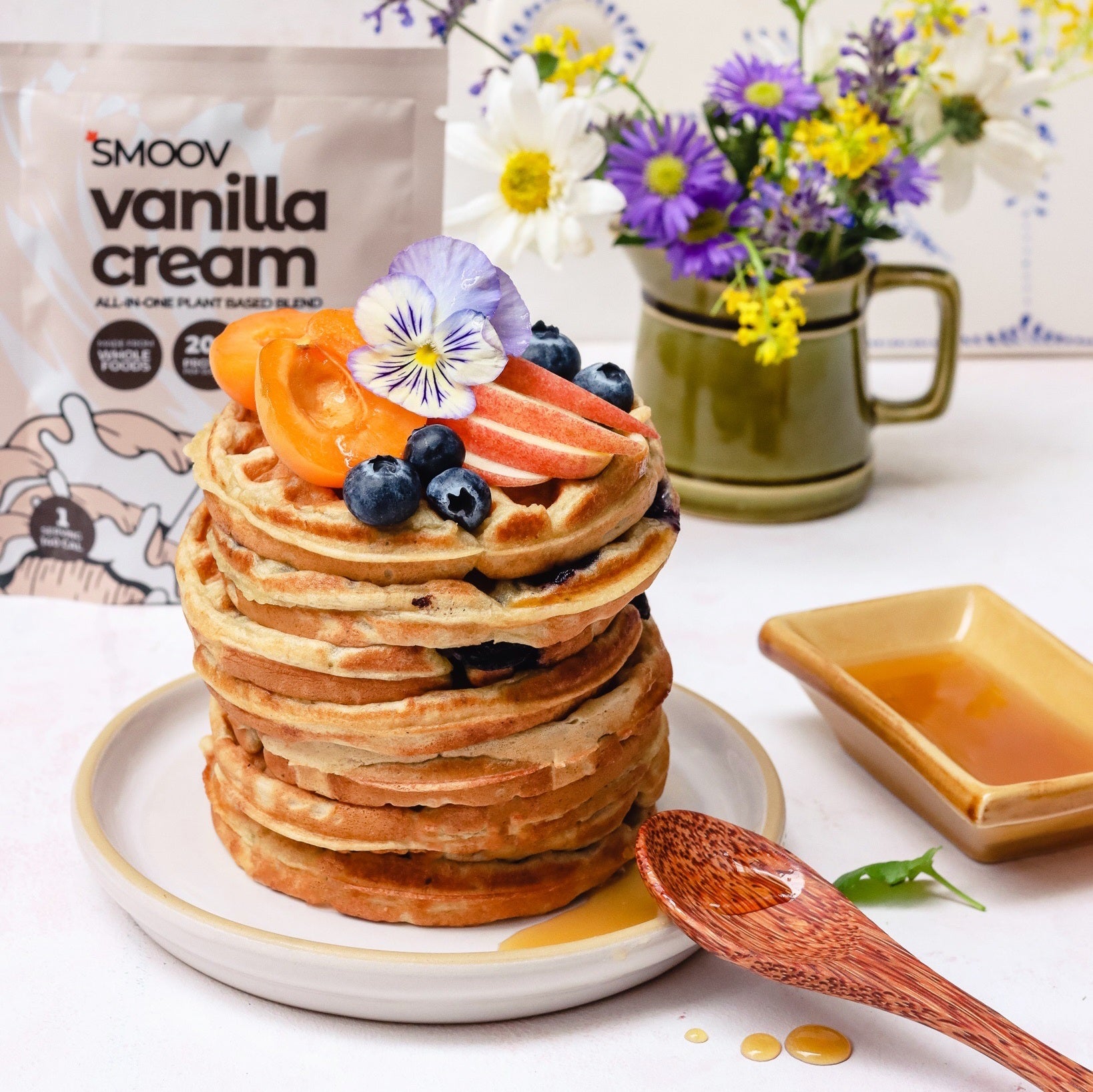 Good morning! Rise & Shine to a stack of nutritious high protein and vegan vanilla cream waffles (or pancakes)