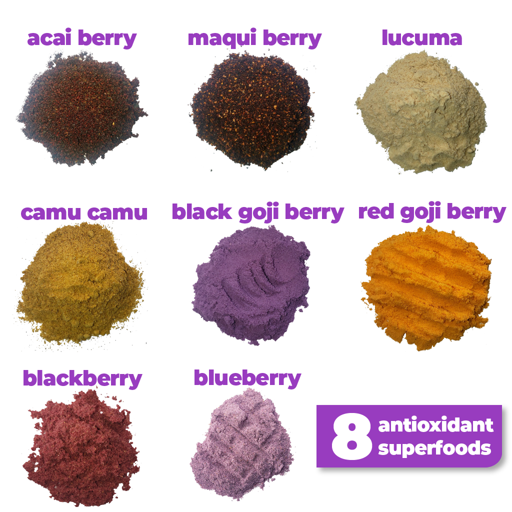 8 nutritious superfoods used to make Smoov's berry exotic blend- Acai berry, maqui berry, camu camu berry, black goji berry, red goji berry, blackberry, blueberry and lucuma. To help manage and fight stress and aging. Jam packed with antioxidants to help fight against free radicals in your body.