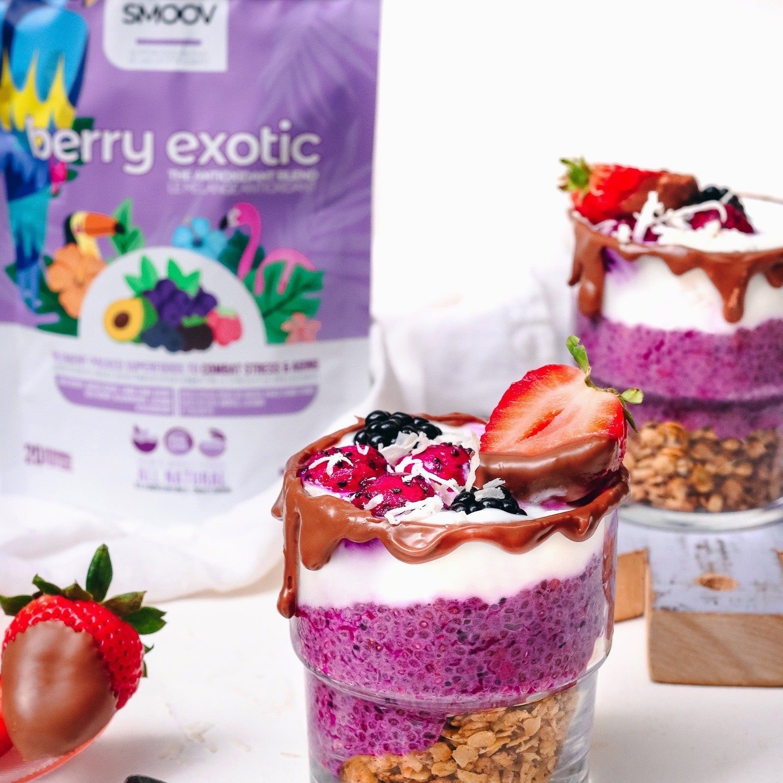 Breakfast Chia Pudding made using smoov berry exotic blend, granola and yogurt