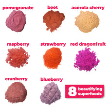 Load image into Gallery viewer, 8 nutritious and bautifying ingredients used to make Smoov's blush blend- pomegranate, red dragonfruit (pink pitaya), acerola cherry, red beet, strawberry, raspberry, cranberry and blueberry. To improve skin, hair and heart health. nutrients and antioxidants to help with growth, development and repair of all body tissue.