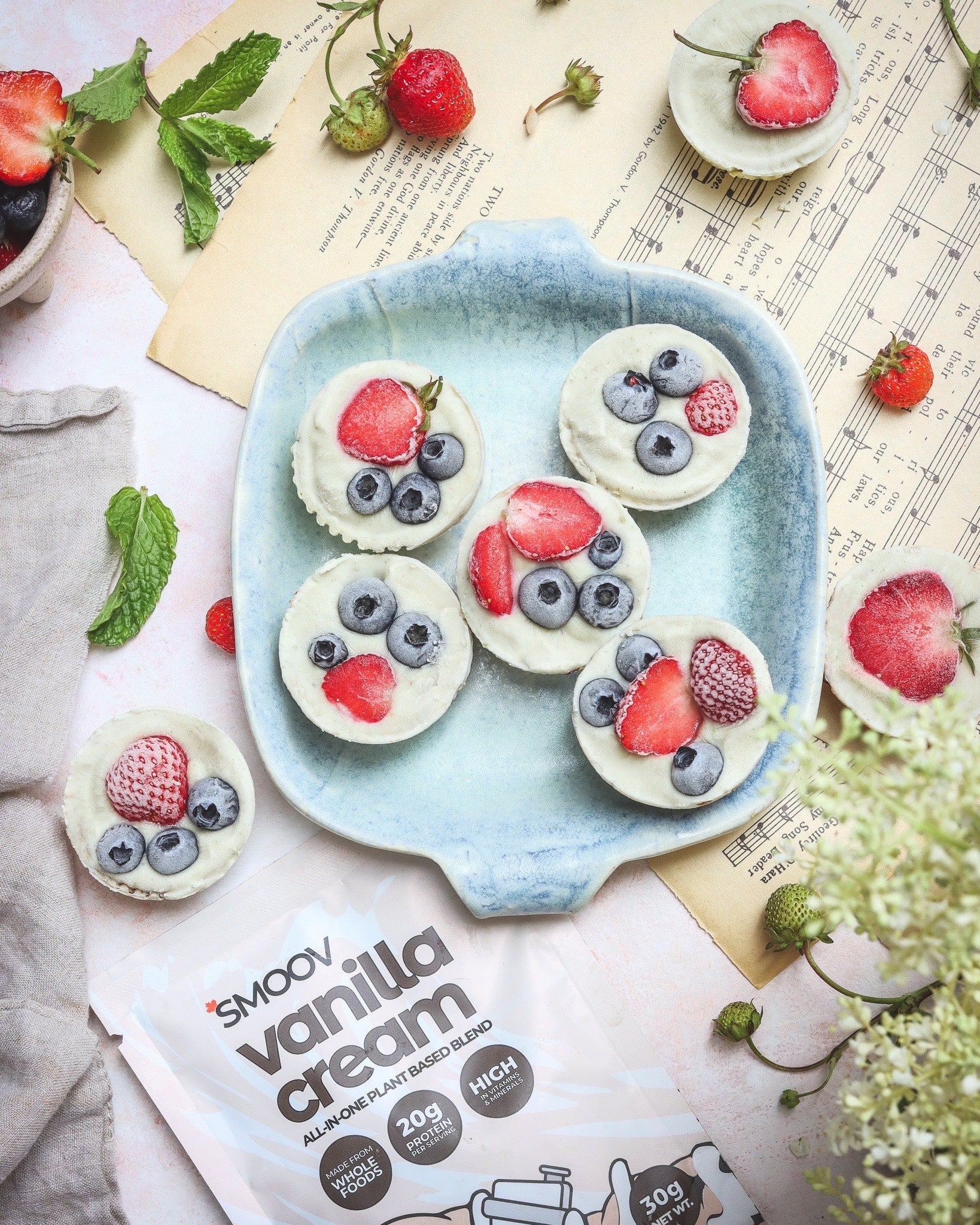 Healthy Frozen vanilla yogurt snack bites made using smoov all in one vanilla cream blend shake or meal replacement - vegan friendly.