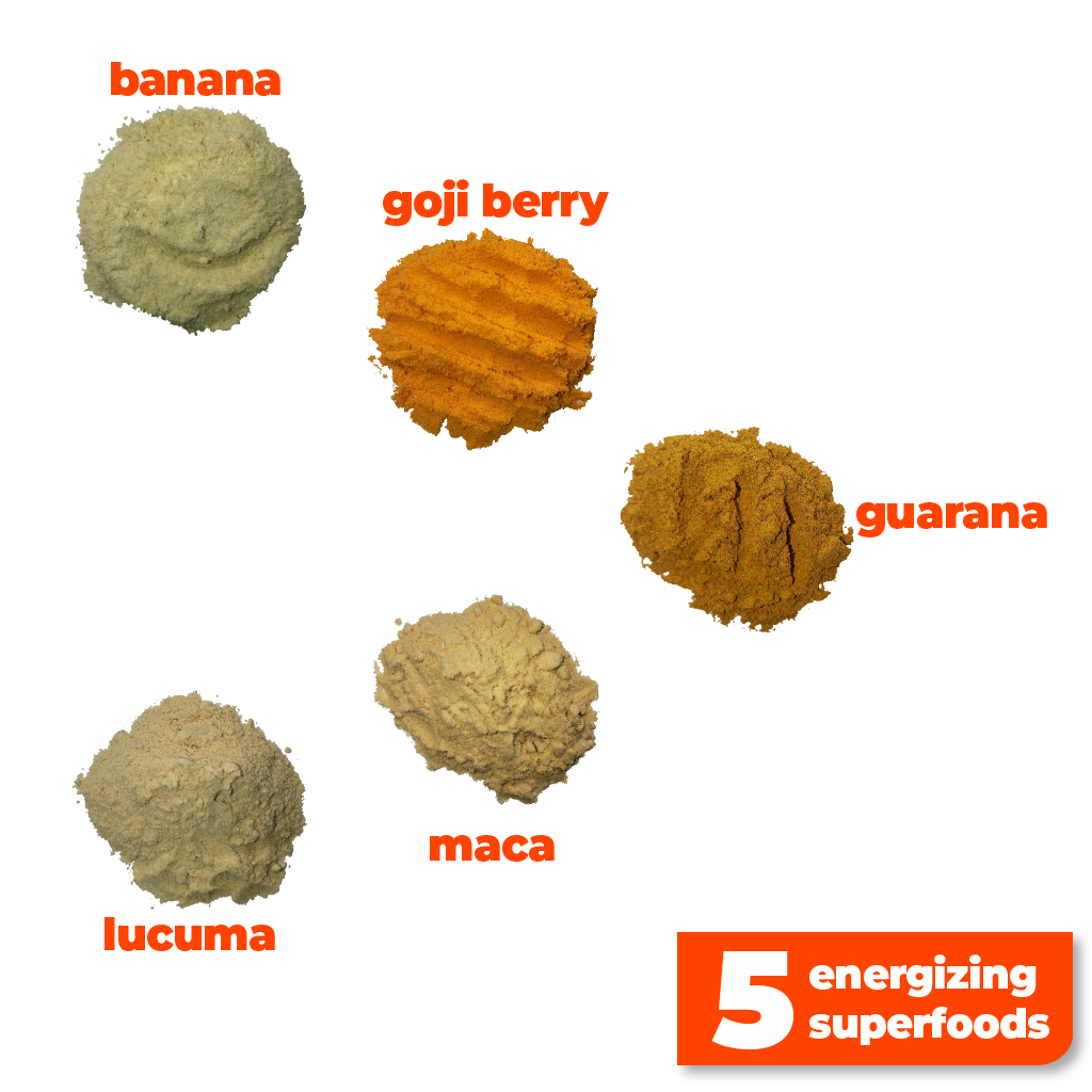 5 nutritious and energizing superfoods used to make Smoov's fuel blend- guarana, goji berry, maca, lucuma and banana. For upto 8 hours of clean energy and focus without the crashes or jitters.