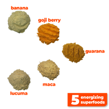 Load image into Gallery viewer, 5 nutritious and energizing superfoods used to make Smoov's fuel blend- guarana, goji berry, maca, lucuma and banana. For upto 8 hours of clean energy and focus without the crashes or jitters.