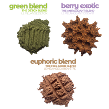 Load image into Gallery viewer, Make healthy FUN &amp; EASY for kids: our delicious green blend, vibrant antioxidant-rich berry exotic blend and rich chocolatey euphoric blend