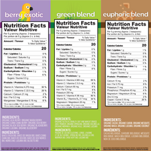 Load image into Gallery viewer, Make healthy FUN &amp; EASY for kids: our delicious green blend, vibrant antioxidant-rich berry exotic blend and rich chocolatey euphoric blend