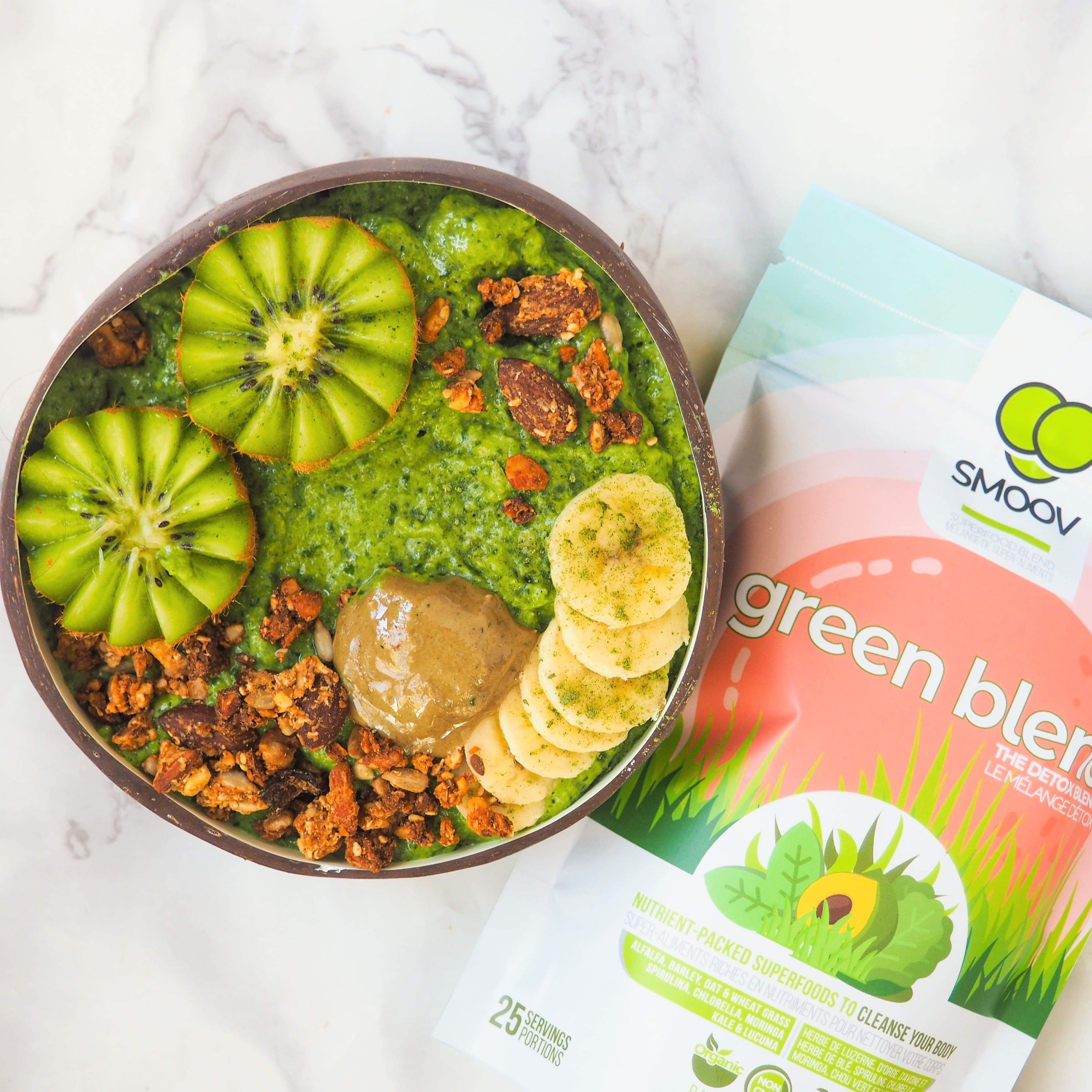 Green smoothie bowl made using smoov superfood blends and powders. Packed with antioxidants for health & wellness. Keto Friendly