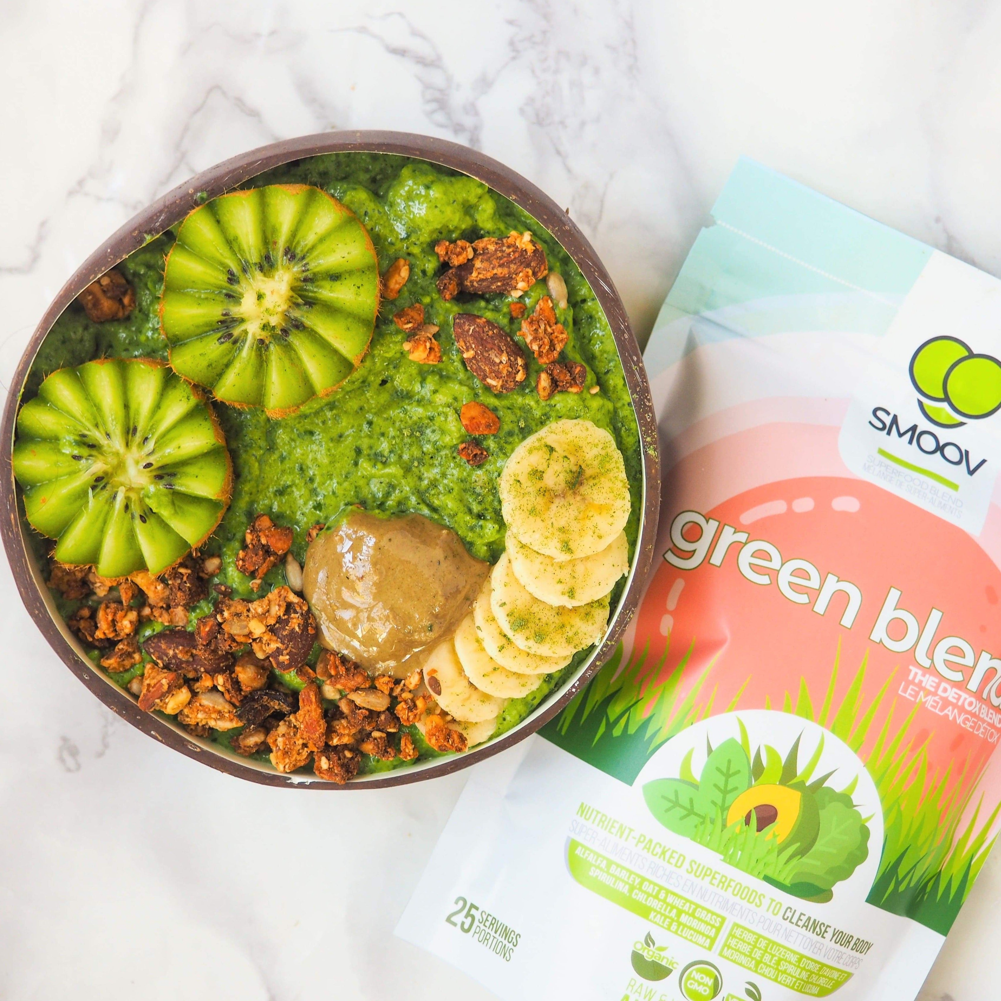 Green smoothie made using smoov superfood blends and powders. Packed with antioxidants for health & wellness. Keto Friendly