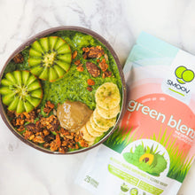 Load image into Gallery viewer, Green smoothie bowl made using smoov superfood blends and powders. Packed with antioxidants for health &amp; wellness. Keto Friendly