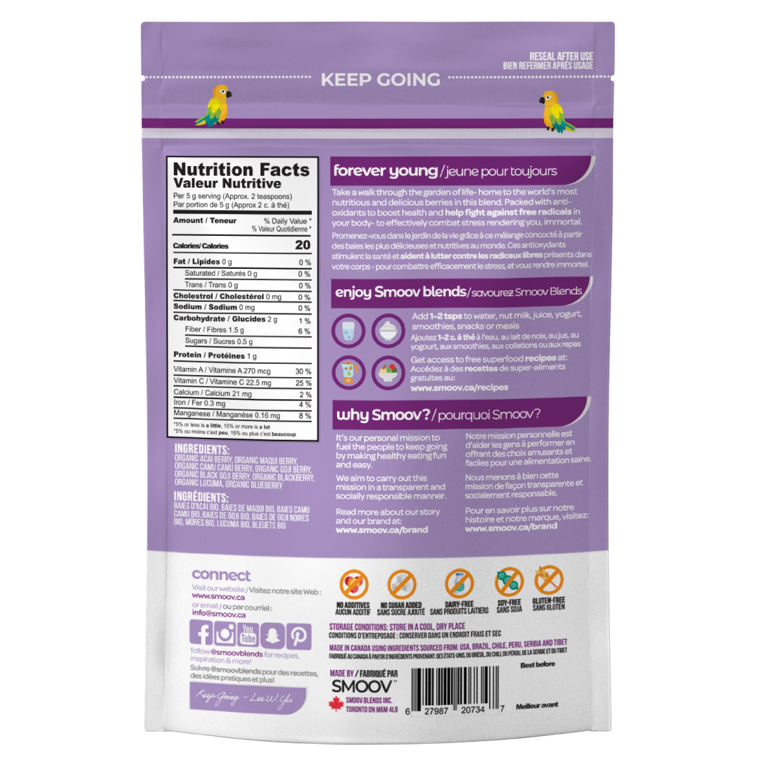 Back of Smoov Blends Berry Exotic Blend bag. Nutritional information, creative description, how to use, country of origin.