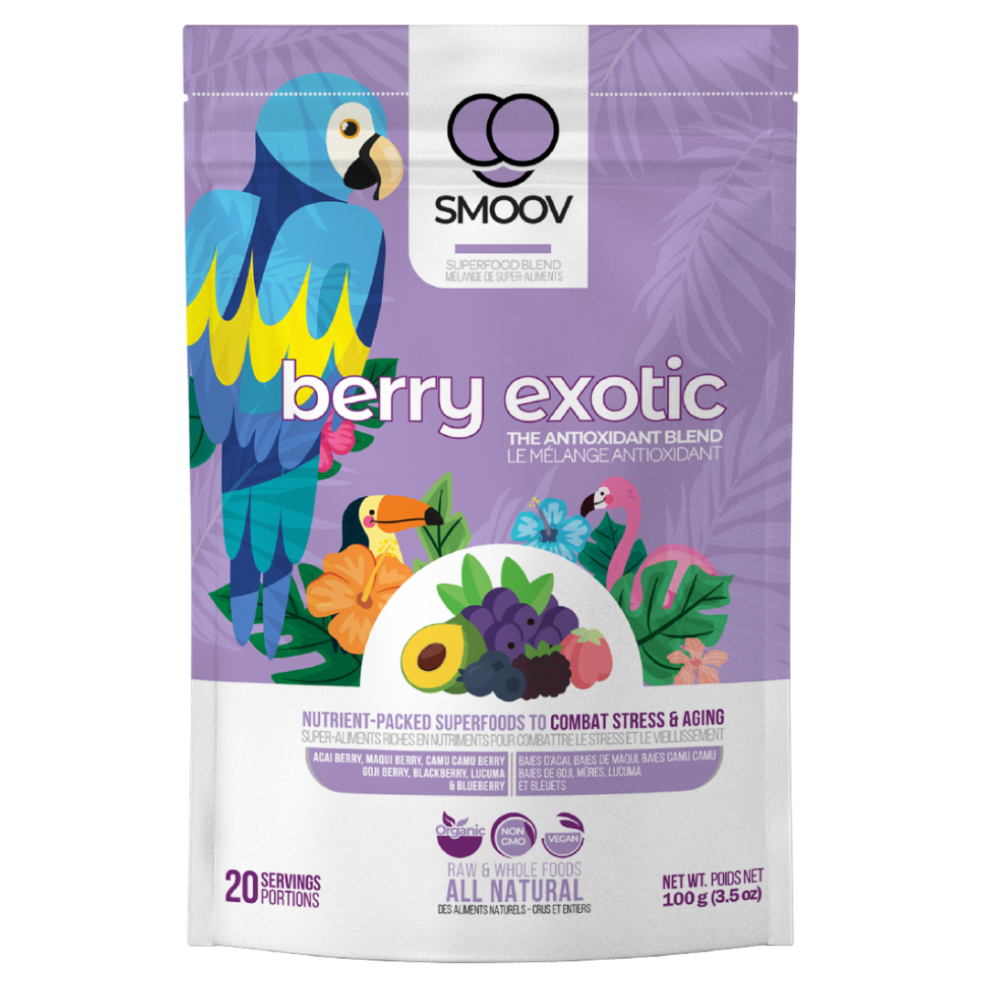 20 servings of Smoov's berry exotic blend- Acai berry, maqui berry, camu camu berry, black goji berry, red goji berry, blackberry, blueberry and lucuma. To help manage and fight stress and aging. Jam packed with antioxidants to help fight against free radicals in your body.