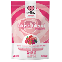 Load image into Gallery viewer, 25 servings of Smoov's blush blend- pomegranate, red dragonfruit (pink pitaya), acerola cherry, red beet, strawberry, raspberry, cranberry and blueberry. To improve skin, hair and heart health. nutrients and antioxidants to help with growth, development and repair of all body tissue.