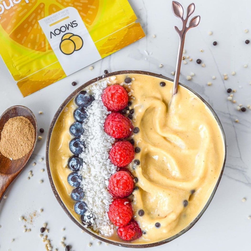 Smoothie bowl made using smoov superfood blends and powders. Packed with antioxidants for health & wellness. Keto Friendly