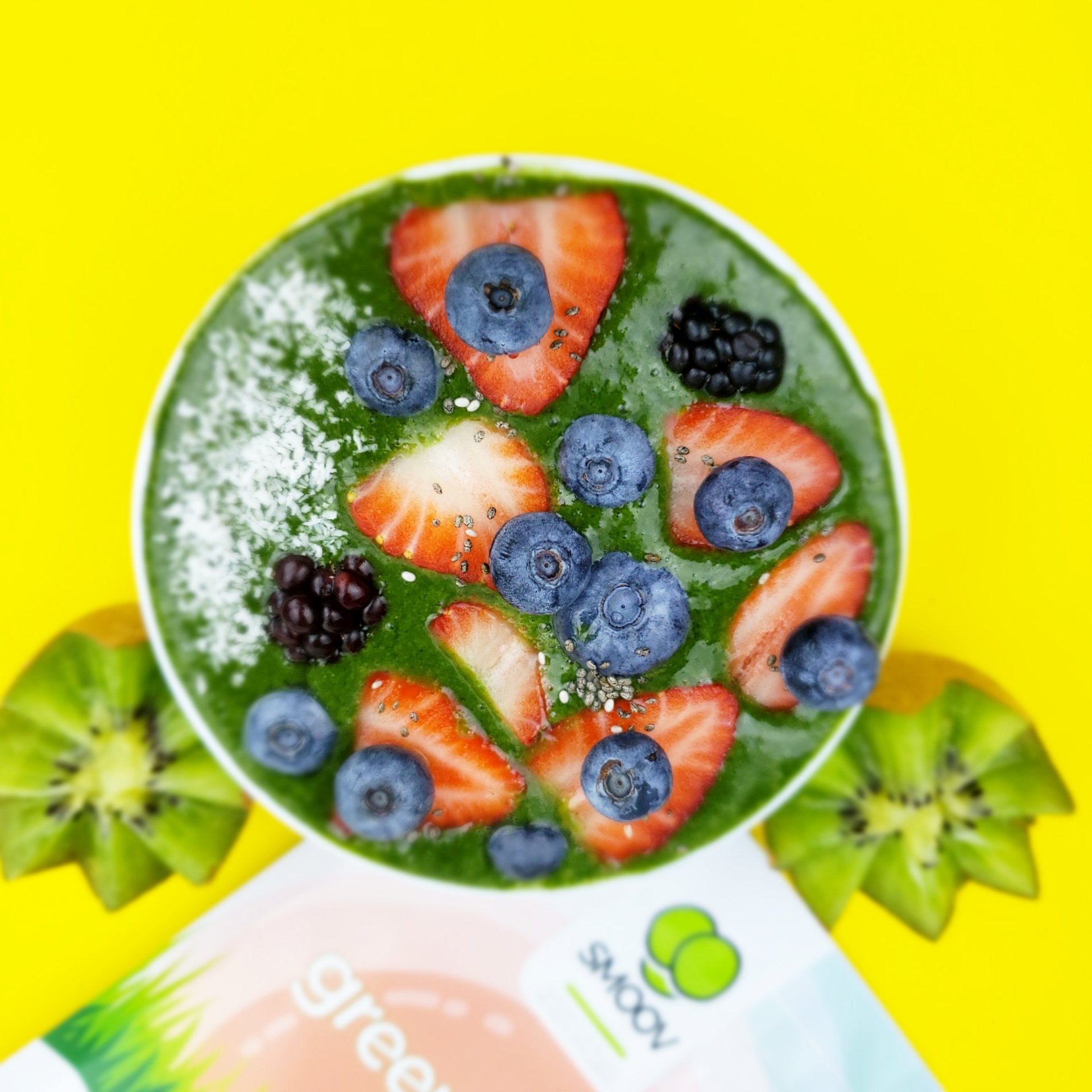 Bowl made using a banana and 2 tsp smoov green blend. Topped off with strawberries, blueberries, blackberries and dessicated coconut.