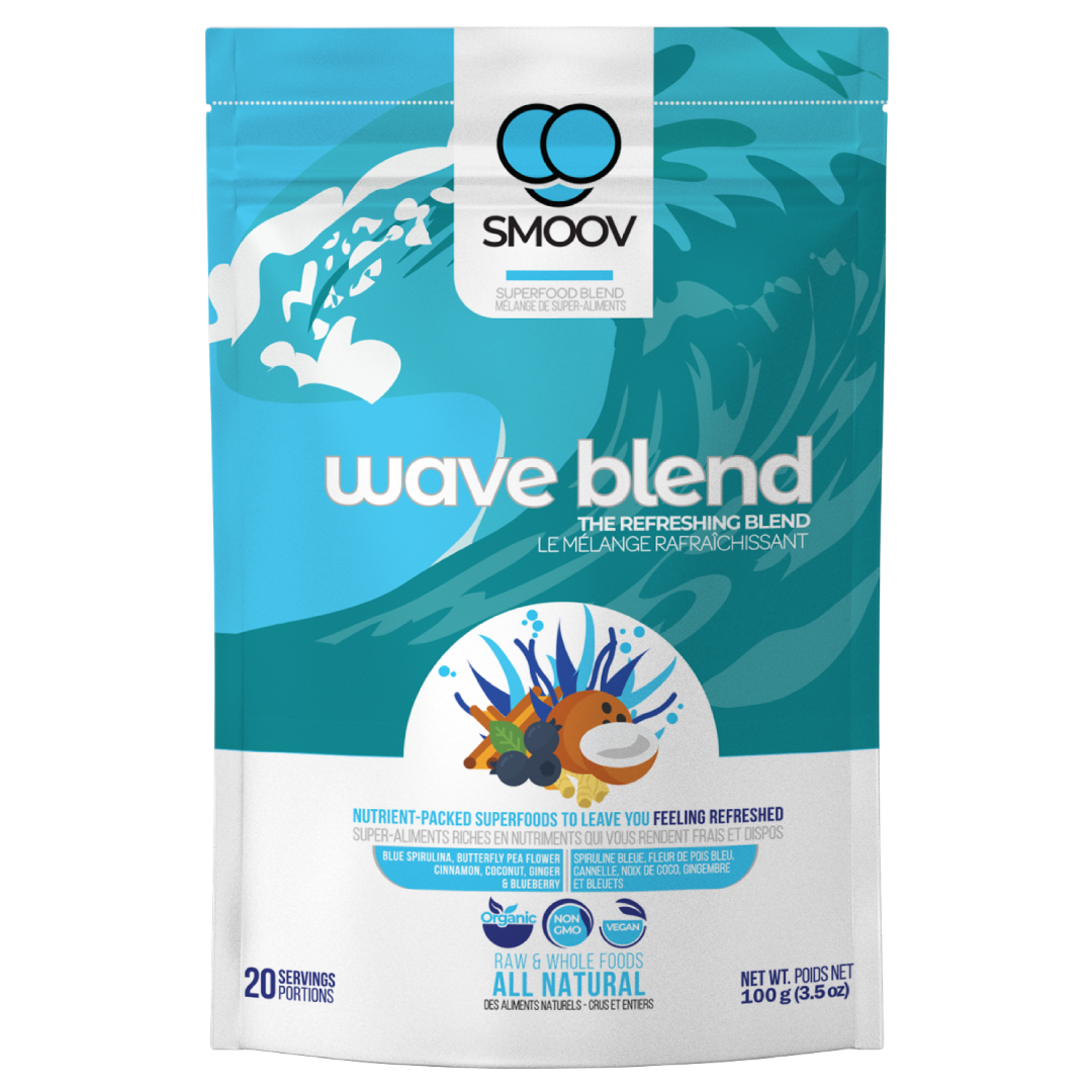 20 servings of Smoov's wave blend. Made with blue spirulina, butterfly pea flower, cinnamon, coconut, ginger and blueberries. To help refresh energy levels and aid with immunity and digestion.