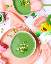 Load image into Gallery viewer, Spring green pea soup made using smoov superfood blends and powders. Packed with antioxidants for health &amp; wellness. Keto Friendly